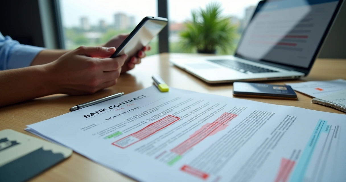 Cliente confere extrato bancário em tablet comparando com contrato em mesa 