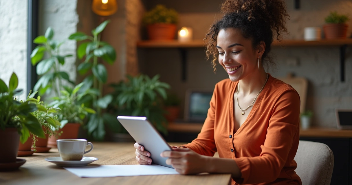 Mulher preenchendo pesquisa de feedback no tablet 