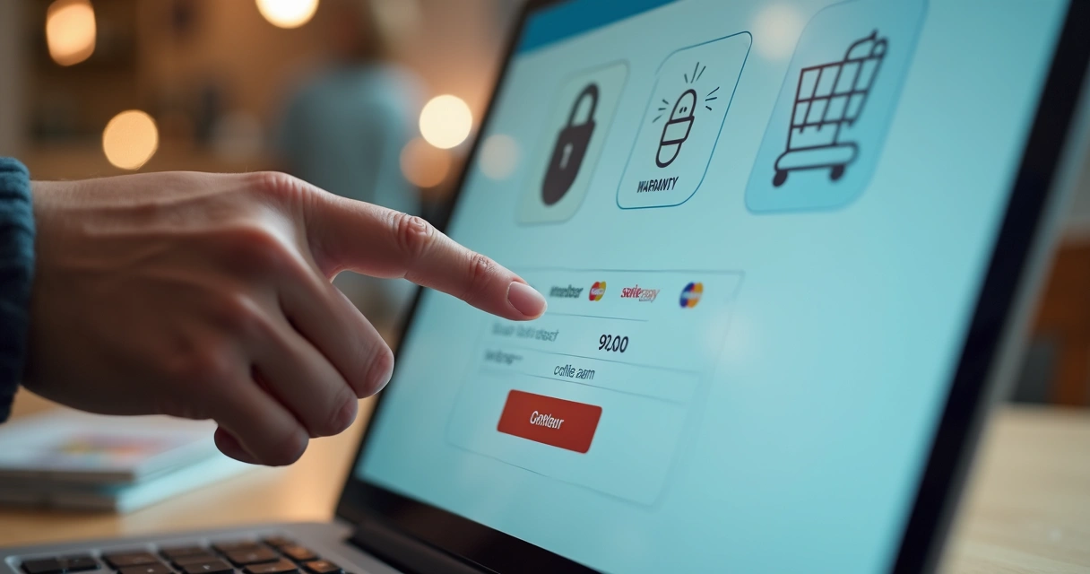Pessoa sorridente validando compra em e-commerce, com elementos de garantia e facilidade visíveis 
