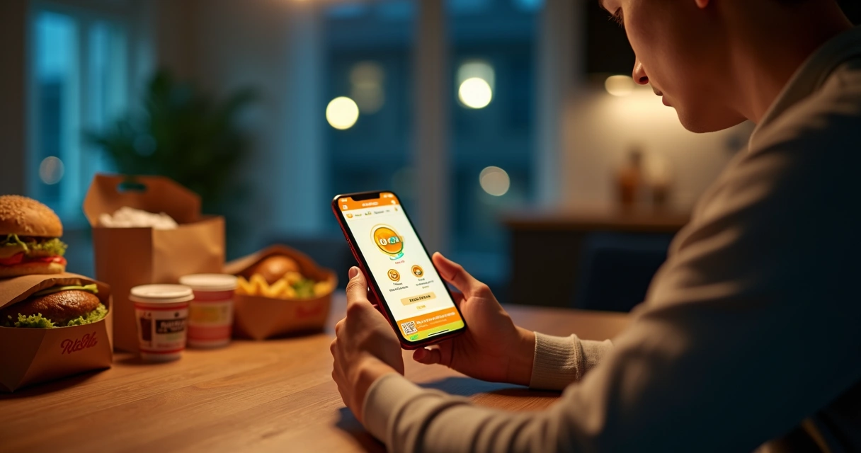 Cliente usando aplicativo de delivery com tela cheia de pontos e recompensas de gamificação 