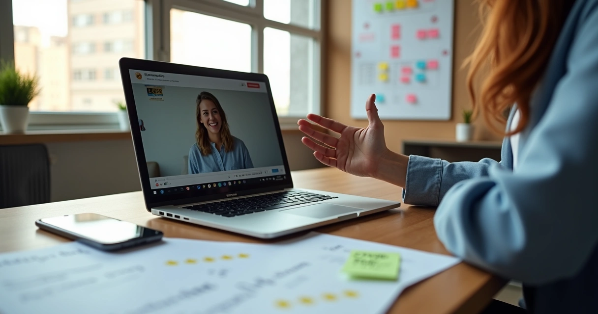 Empresária exibindo depoimento em vídeo de cliente satisfeito na tela do laptop 