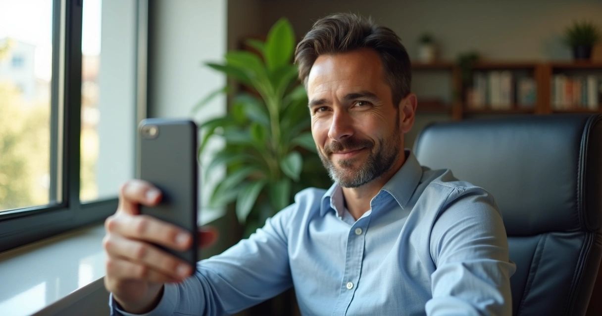 Homem brasileiro gravando depoimento em vídeo com celular com luz natural ao lado de uma janela, sentado em cadeira, expressão natural