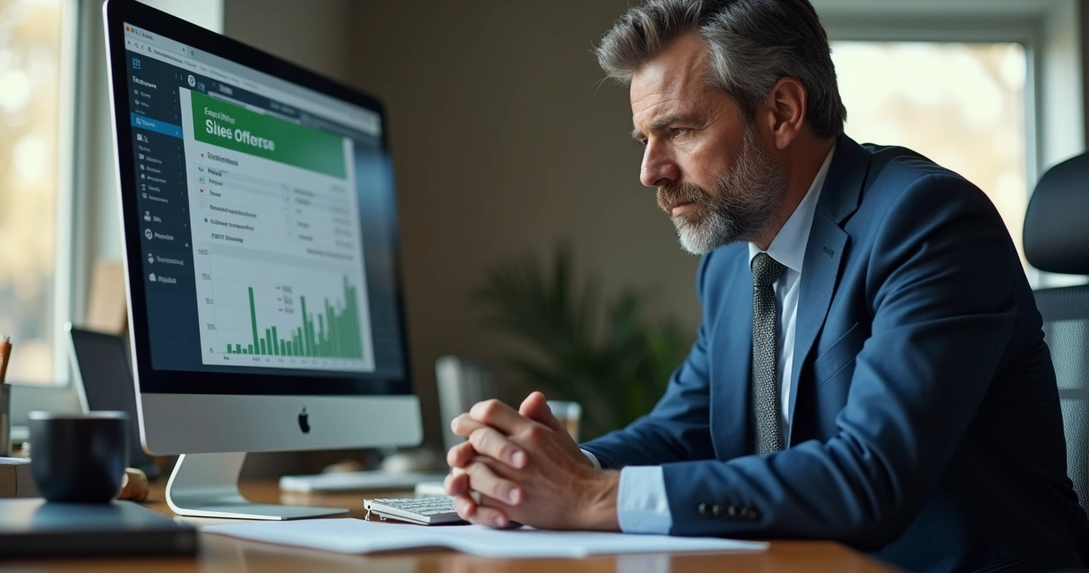 Homem de negócios olhando oferta com olhar desconfiado em frente a tela de computador 
