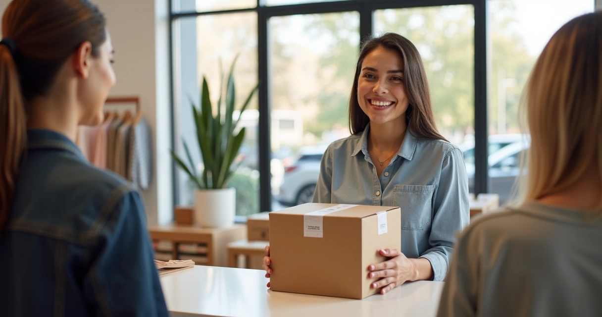Cliente sorridente segurando caixa de devolução em loja ou ponto de retirada. 