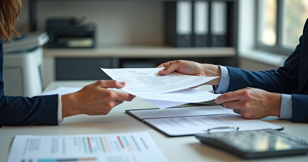 Cliente entregando documentos contábeis em uma mesa de escritório 