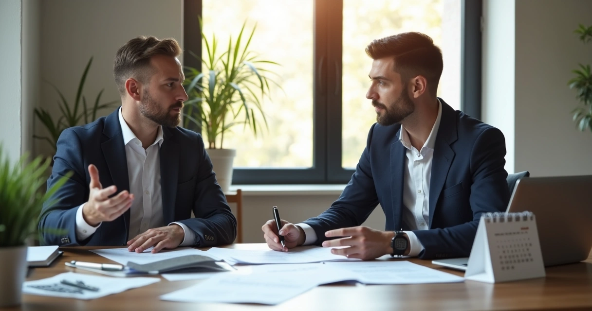 Duas pessoas em uma mesa de reunião com semblante pensativo, em meio a papéis de orçamento.