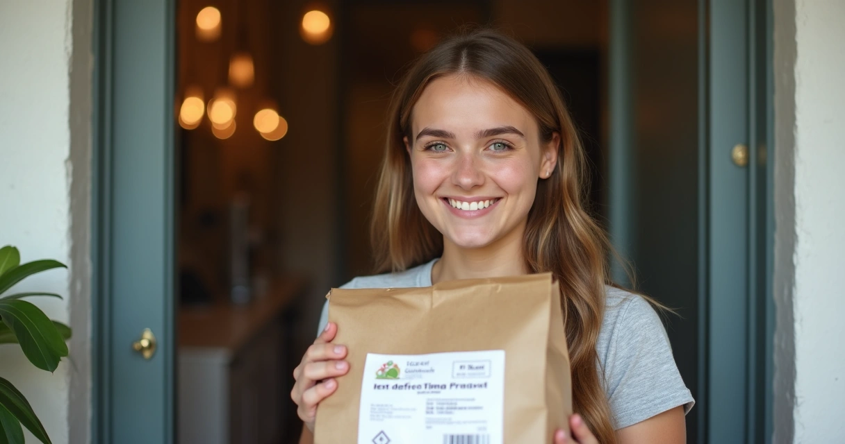 Cliente satisfeito recebendo pedido delivery com rotulagem clara 