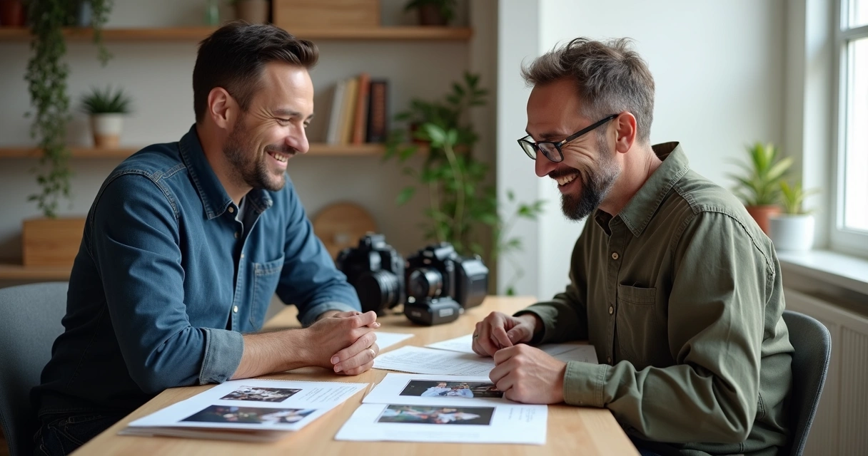 Cliente e fotógrafo conversando sobre detalhes do ensaio 