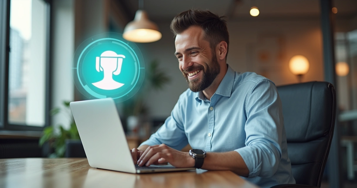 Cliente empresário sorrindo usando produto inovador no escritório 