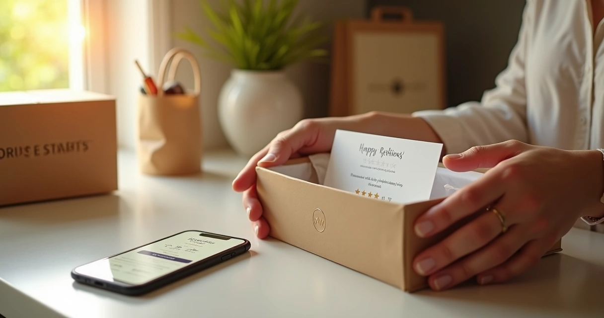 Cliente segurando embalagem elegante enquanto deixa avaliação positiva no smartphone 