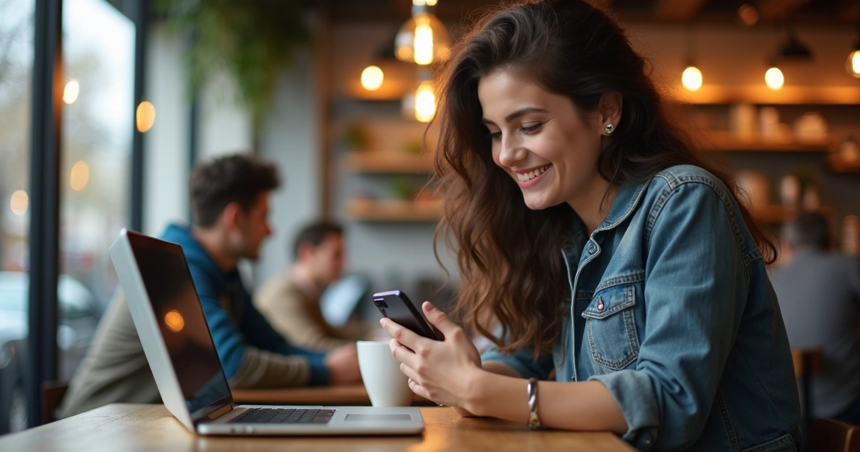 Pessoa usando celular e interagindo com marca em ambiente descontraído 