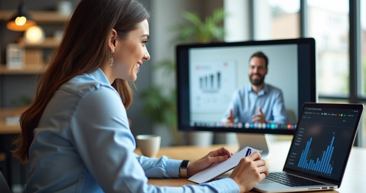 Pessoa interagindo ativamente em uma videochamada de vendas 