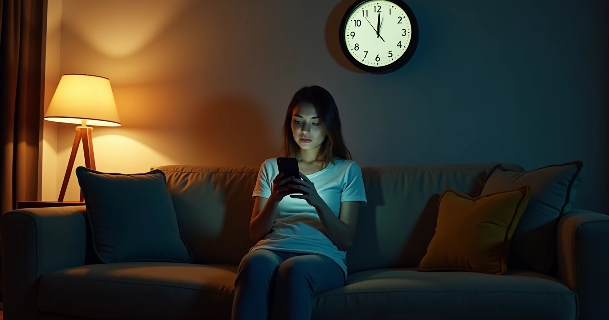 Mulher segurando o celular no sofá à noite, enviando mensagem digital 