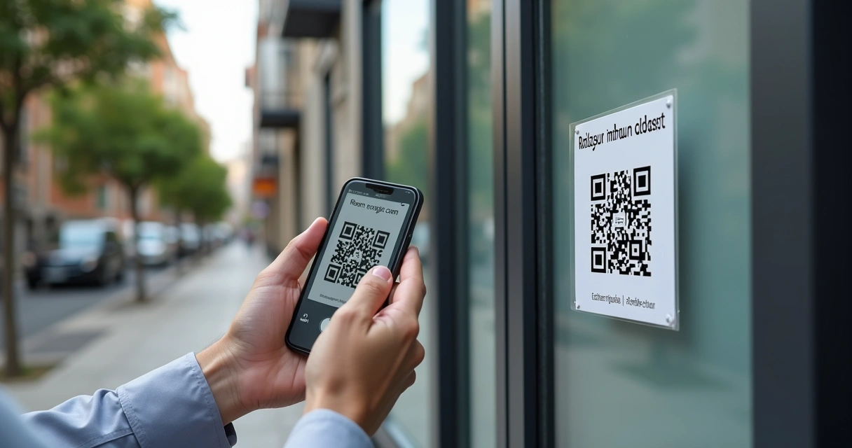 Cliente escaneando QR code em placa de imóvel durante visita presencial 