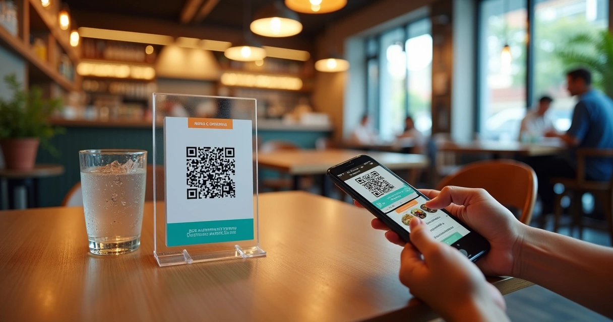 Cliente escaneando QR code no suporte de mesa em restaurante moderno 