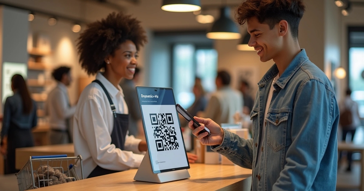 Cliente escaneando QR Code Pix em loja moderna 