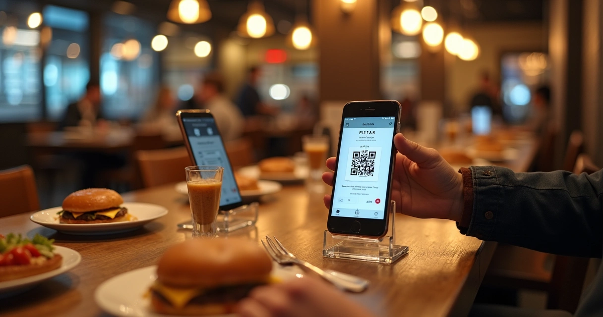 Cliente escaneando QR code na mesa de restaurante movimentado 