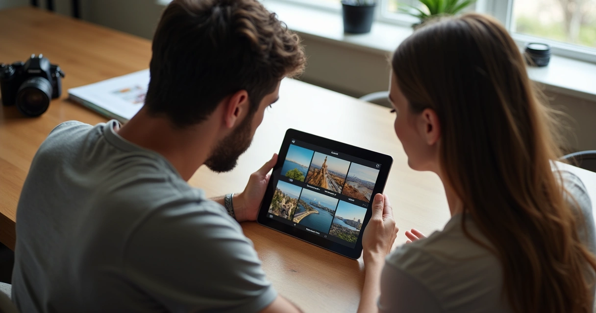 Cliente analisa fotos em tablet com fotógrafo ao lado 