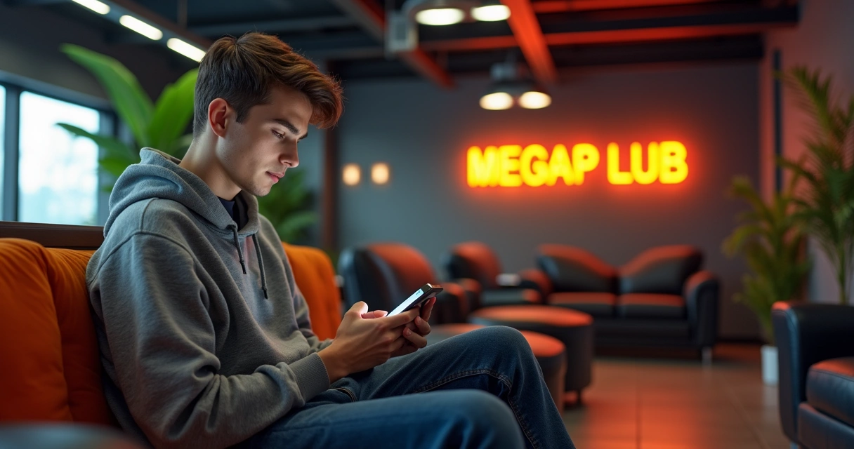 Homem consultando agenda no celular sentado em sofá de sala de espera moderna