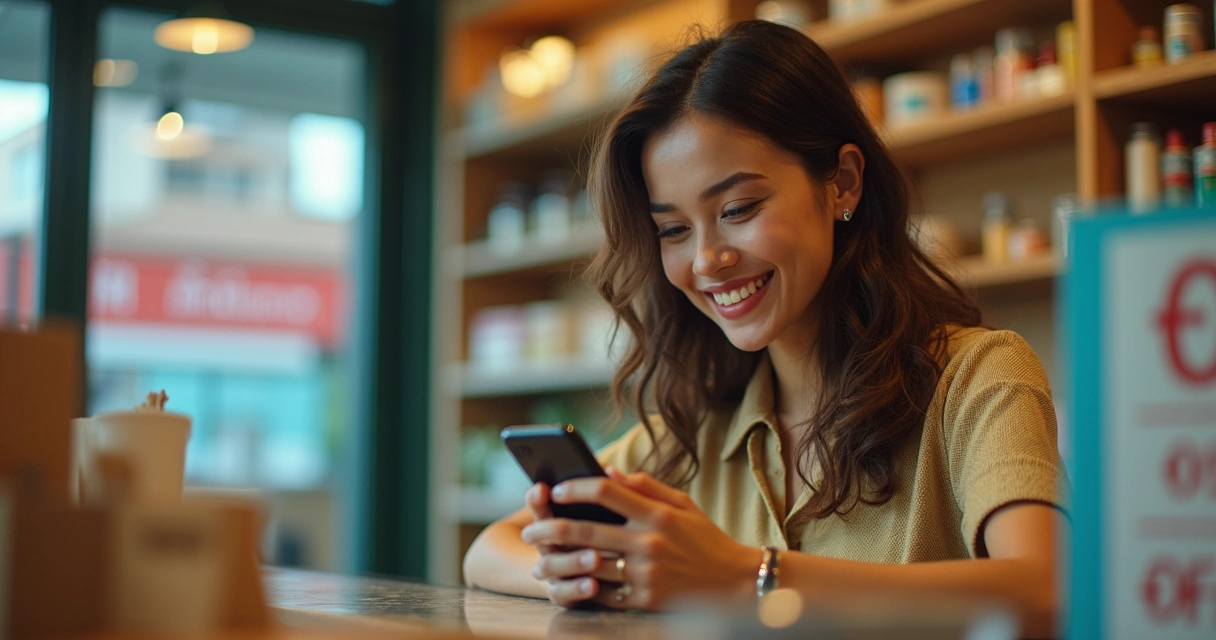 Cliente visualizando ofertas no WhatsApp em ambiente comercial 