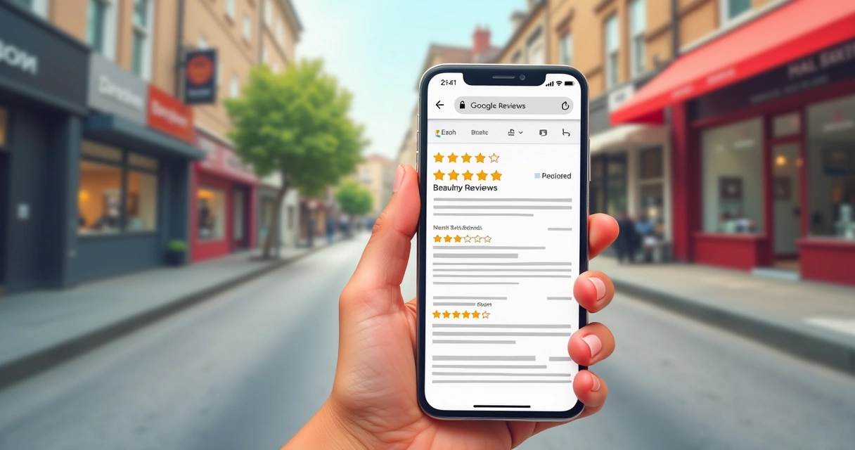 Cliente olhando avaliações de salão de beleza no smartphone 