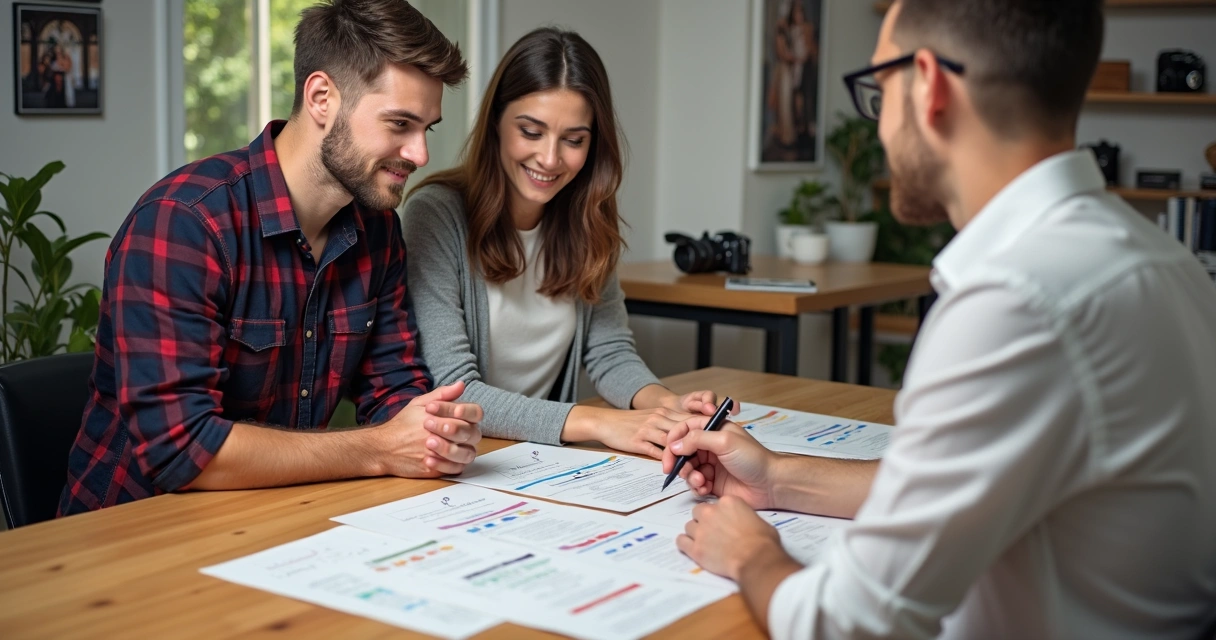 Casal atento escolhe pacote de serviço fotográfico personalizado em frente ao fotógrafo 