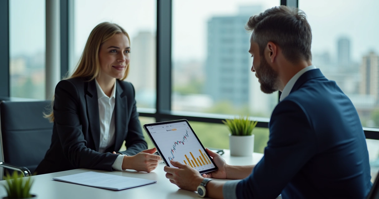 Investidor consultando especialista em assessoria financeira, ambiente moderno 