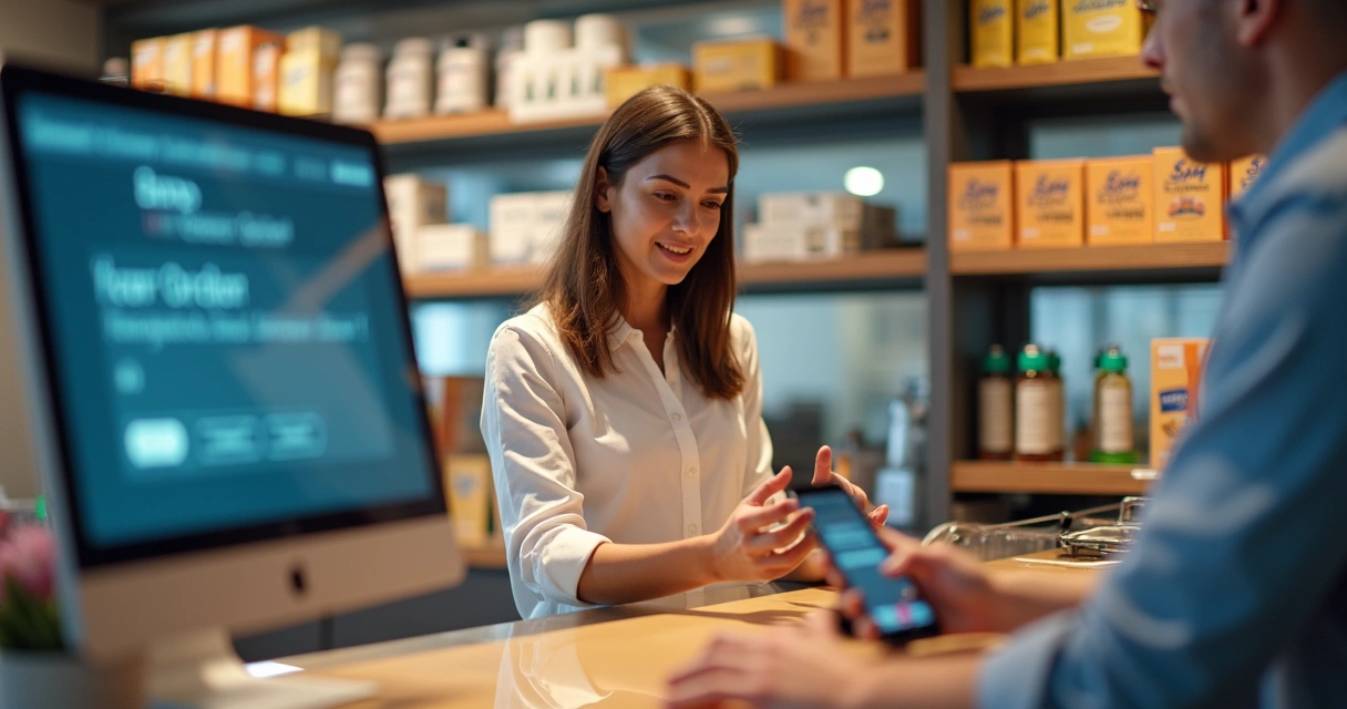 Mulher segurando celular faz compra com produtos ao fundo e tela de computador aberta 
