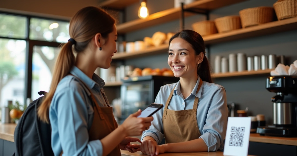 Cliente escaneando QR Code para cartão fidelidade em um pequeno café 