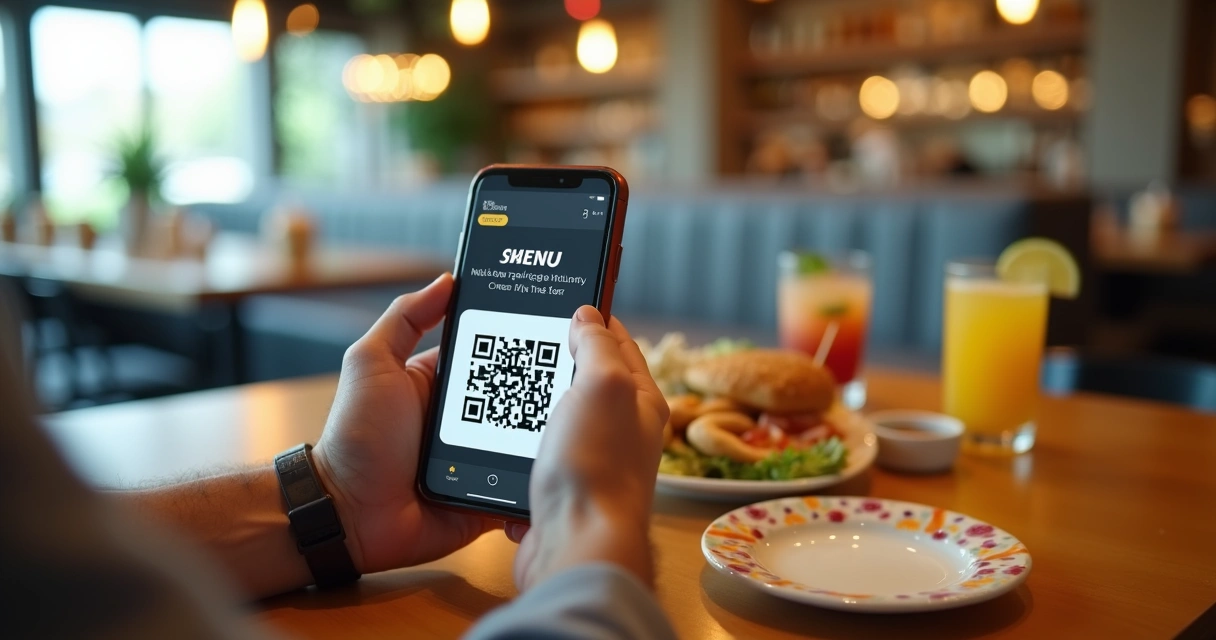 Cliente escaneando cardápio digital com QR Code em restaurante 