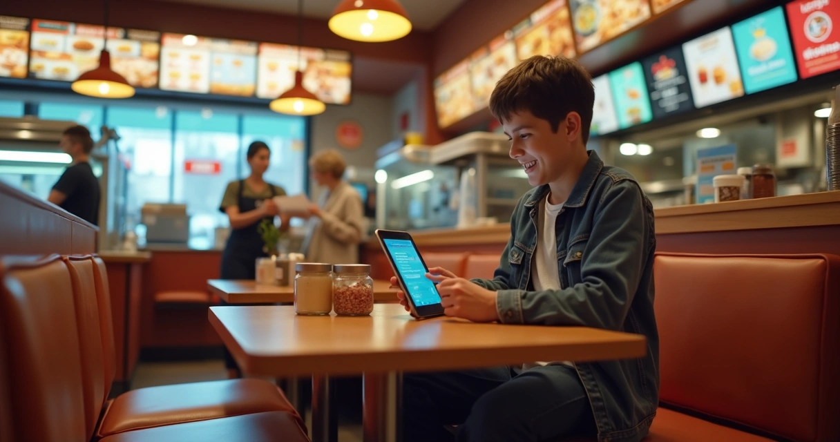 Cliente faz pedido digital em lanchonete no tablet 