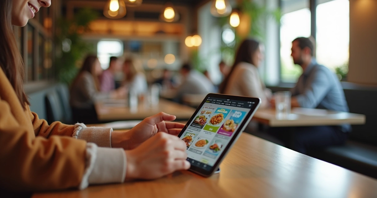 Cliente fazendo pedido em cardápio digital com tablet em restaurante moderno 