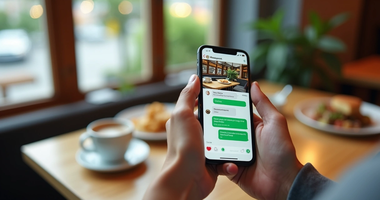 Pessoa segurando smartphone com tela de conversa de pedido no WhatsApp