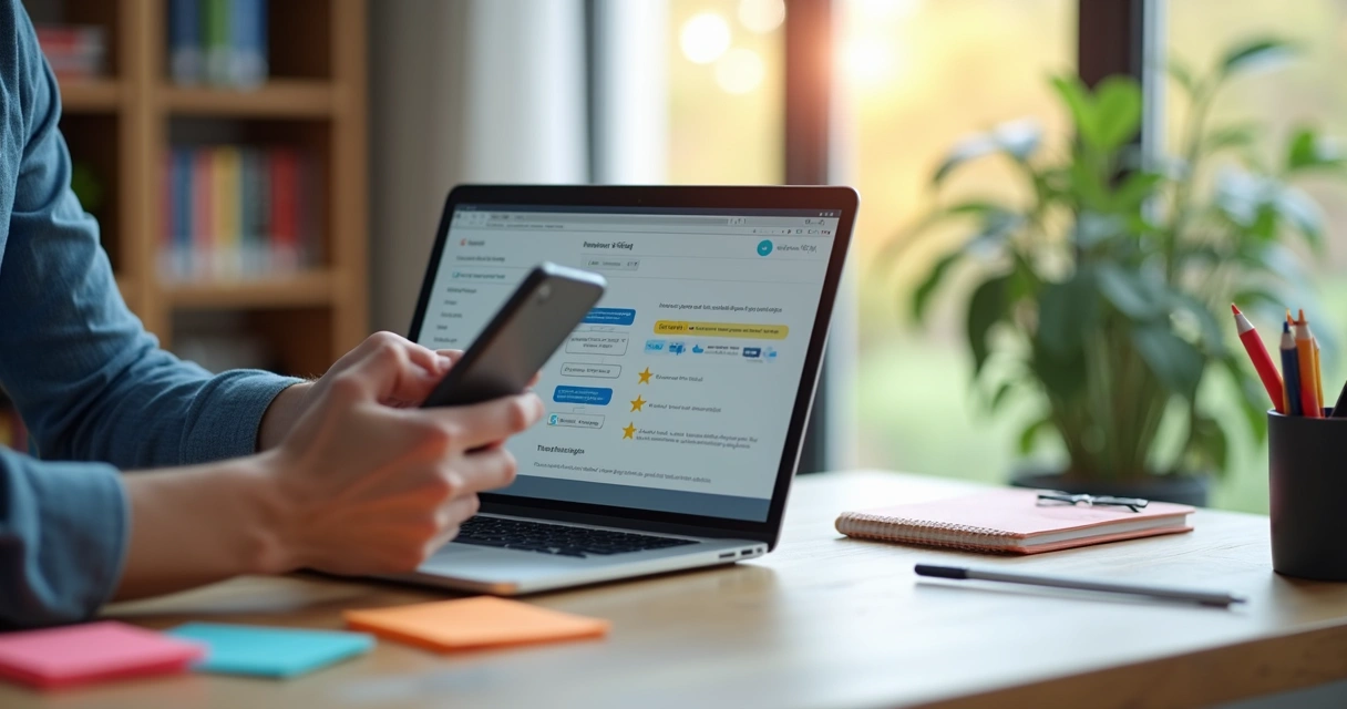 Pessoa usando laptop e smartphone para fornecer feedback sobre produto digital 