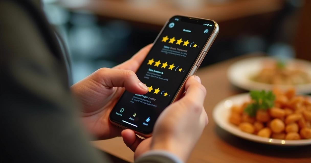 Cliente usando celular para avaliar restaurante digital 