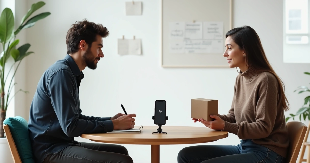 Empreendedora conversa com cliente em estúdio enquanto grava feedback em celular 