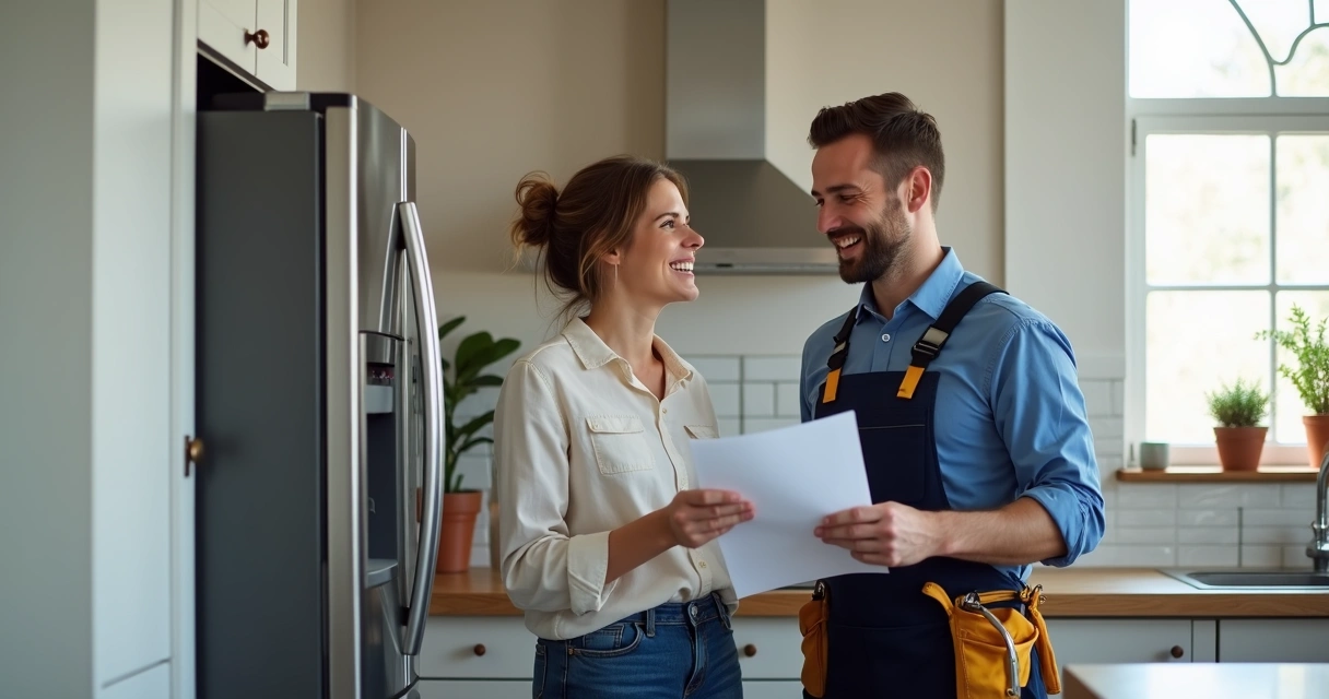 Cliente satisfeito conversando com técnico de eletrodomésticos 