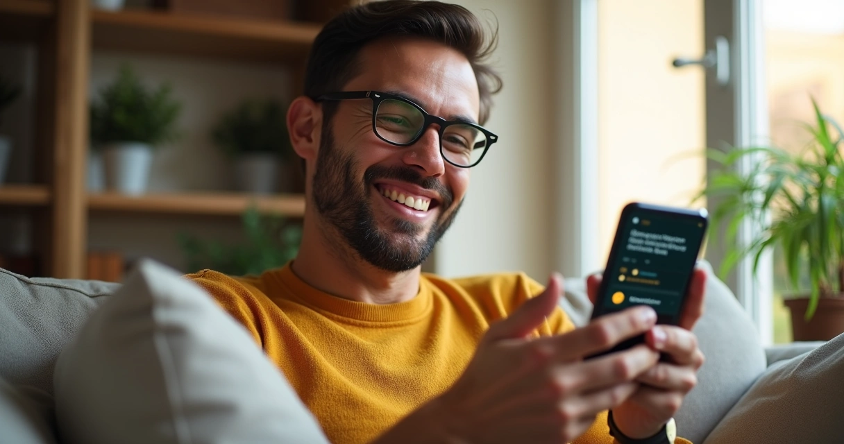 Cliente sorrindo após receber bom atendimento digital pelo WhatsApp 