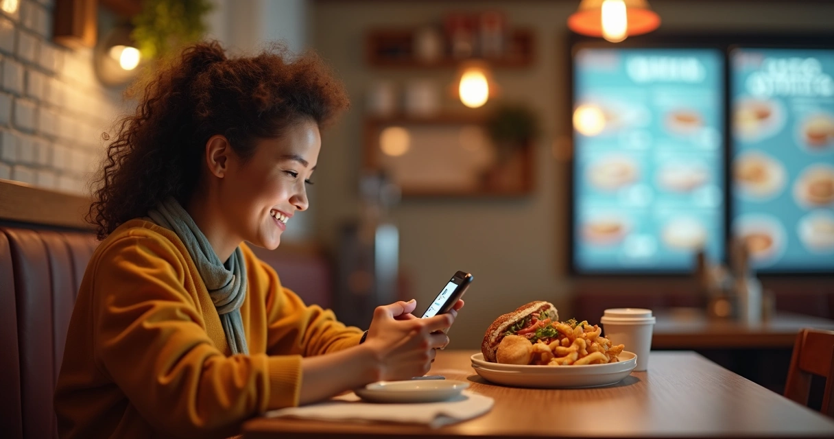 Cliente satisfeito usando celular para atendimento online 