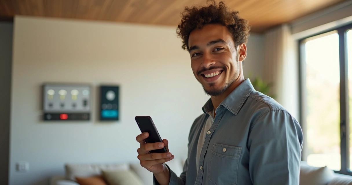 Homem jovem mostrando aplicação de automação residencial no celular 