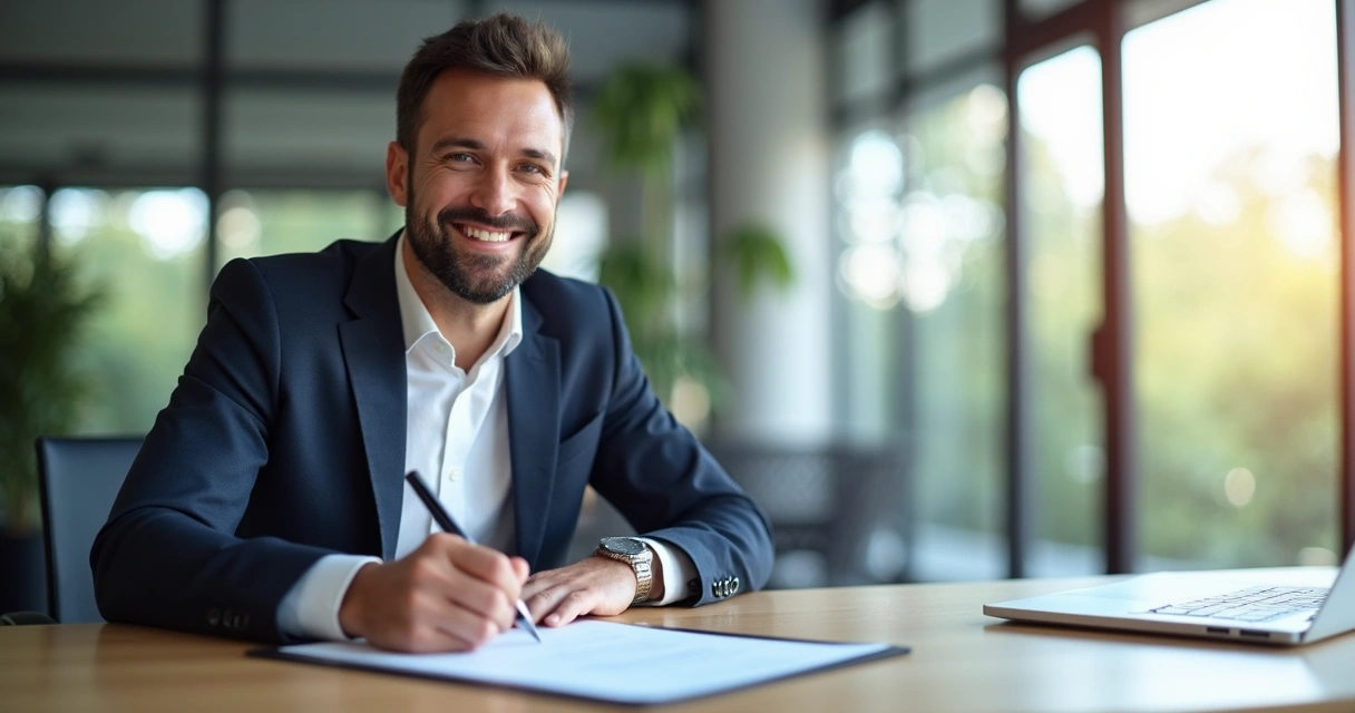 Cliente de BPO financeiro sorrindo e assinando contrato em ambiente corporativo 