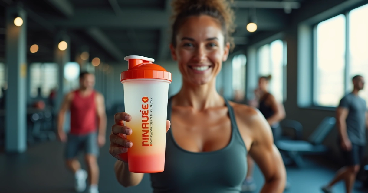 Cliente fitness sorrindo com brinde personalizado na academia 