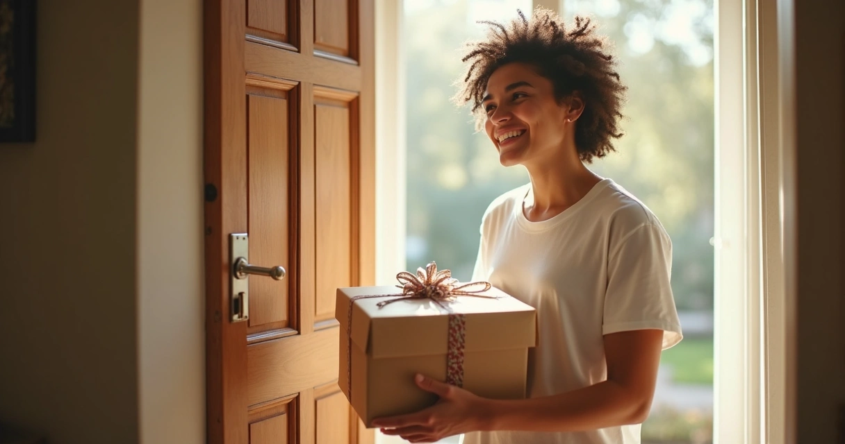 Pessoa sorridente recebendo camiseta personalizada 