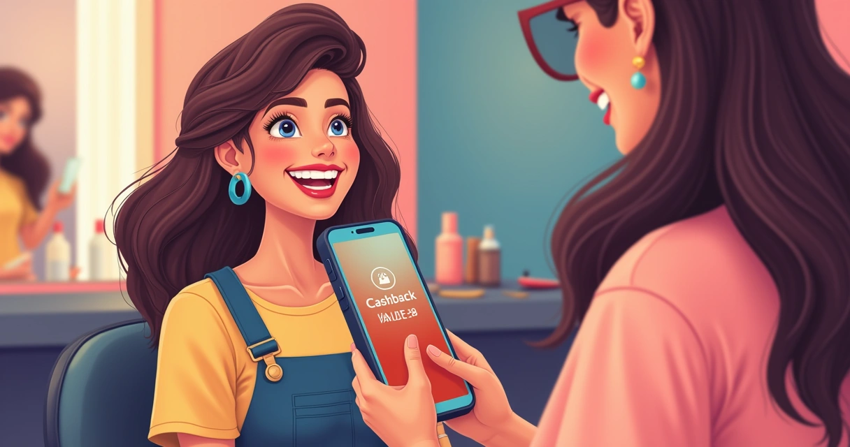 Cliente feliz recebendo cashback em salão 