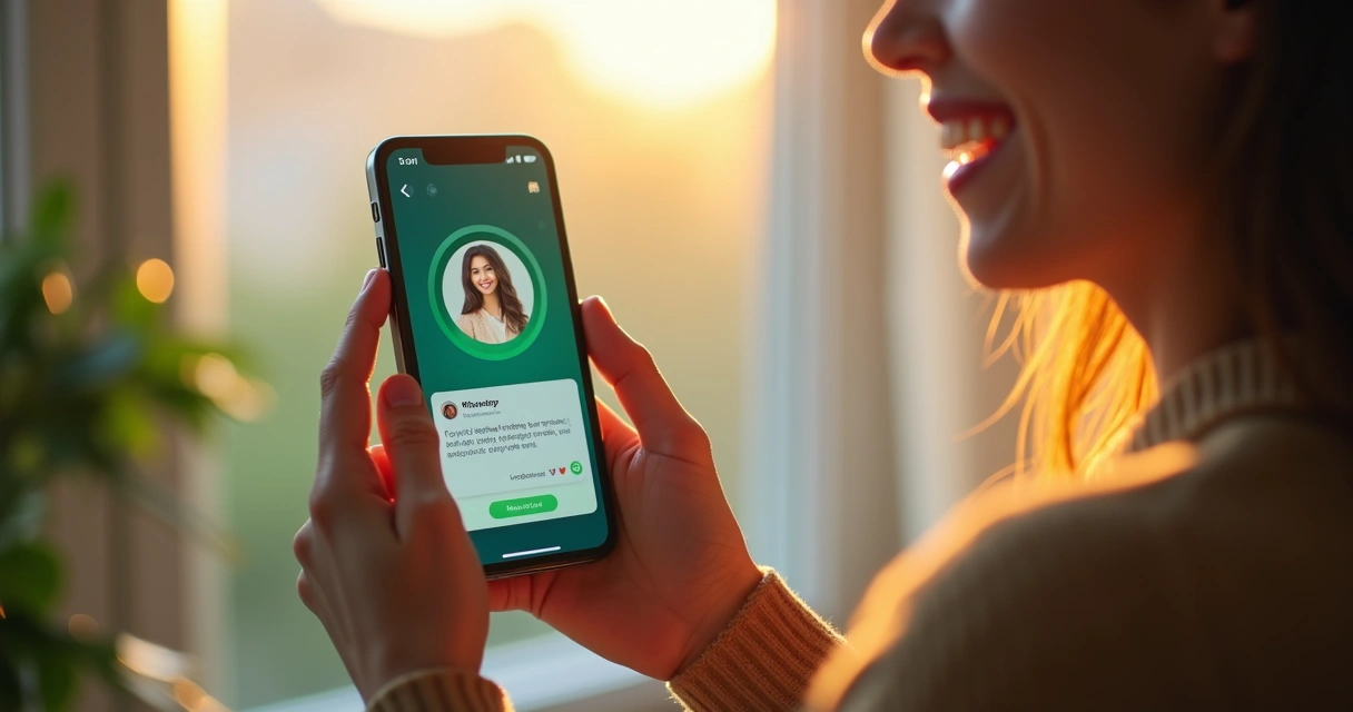 Cliente sorrindo usando WhatsApp com agente virtual 