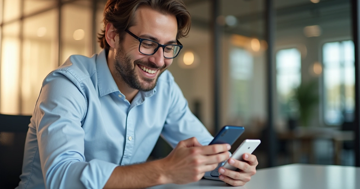 Cliente sorrindo após interação positiva com chatbot, celular na mão
