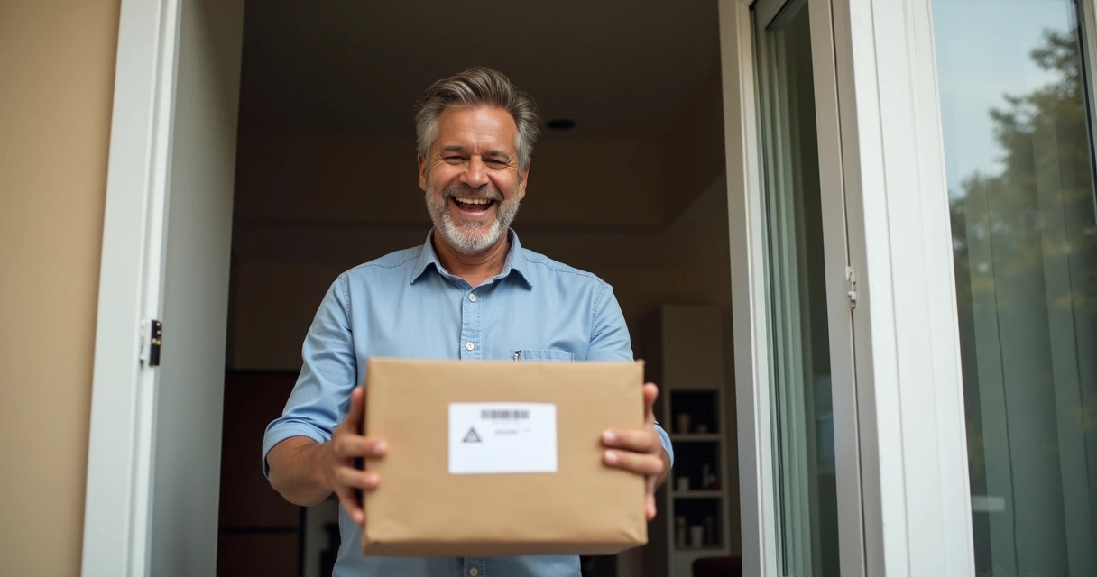 Cliente sorrindo segurando pacote recém-entregue em prédio residencial 