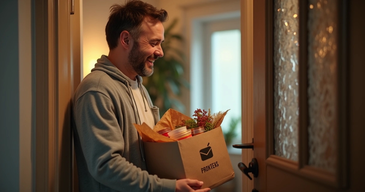Homem recebendo pedido delivery com sorriso em casa