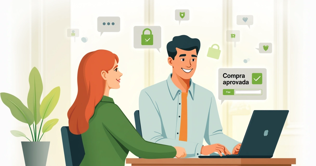 Cliente sorrindo usando notebook após ter compra aprovada 