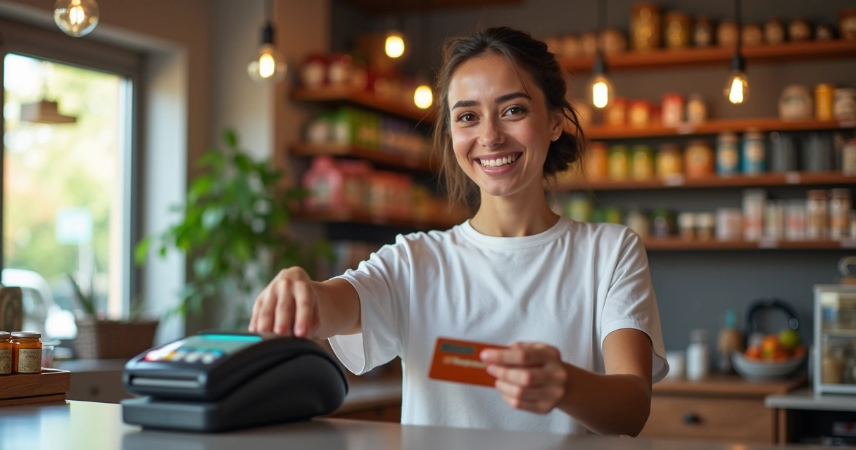 Cliente satisfeito usando cartão na maquininha 